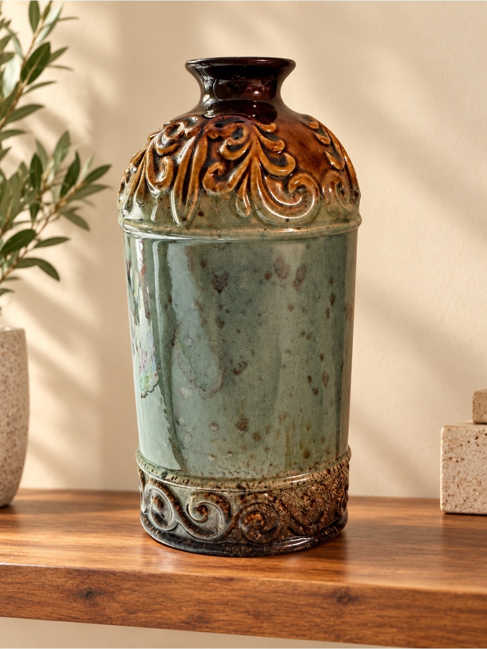 Echo Point Collection Ceramic Vase/Jar – Blue & Brown Scrollwork